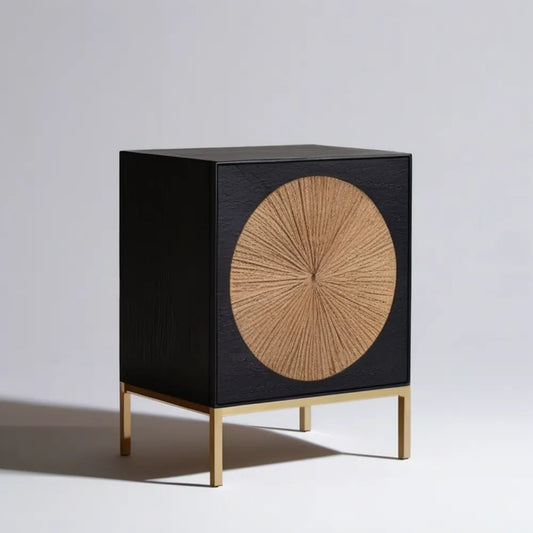 Szafka nocna MDF z frontem z juty, czarno-złota, 45 × 35 × 60 cm